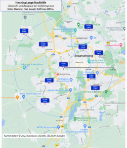 Karte von Braunschweig mit Beispielen, wie viel die Anfahrt kostet. Vereinfacht gesagt, die Strecke von Altstadtring 20 in Google Maps nehmen und einen Euro abziehen.